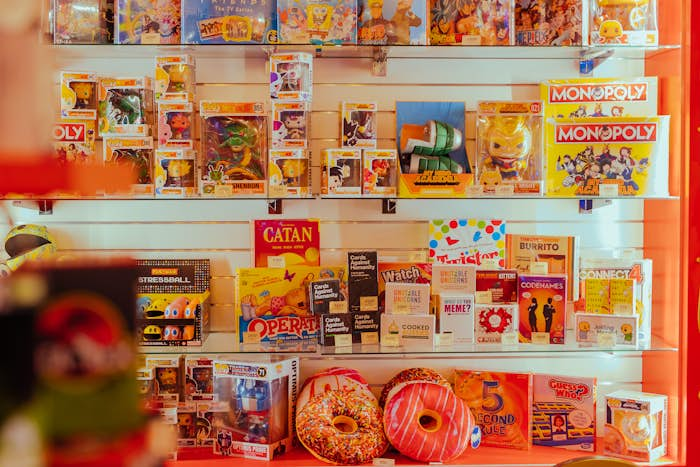 a collection of board games and toys