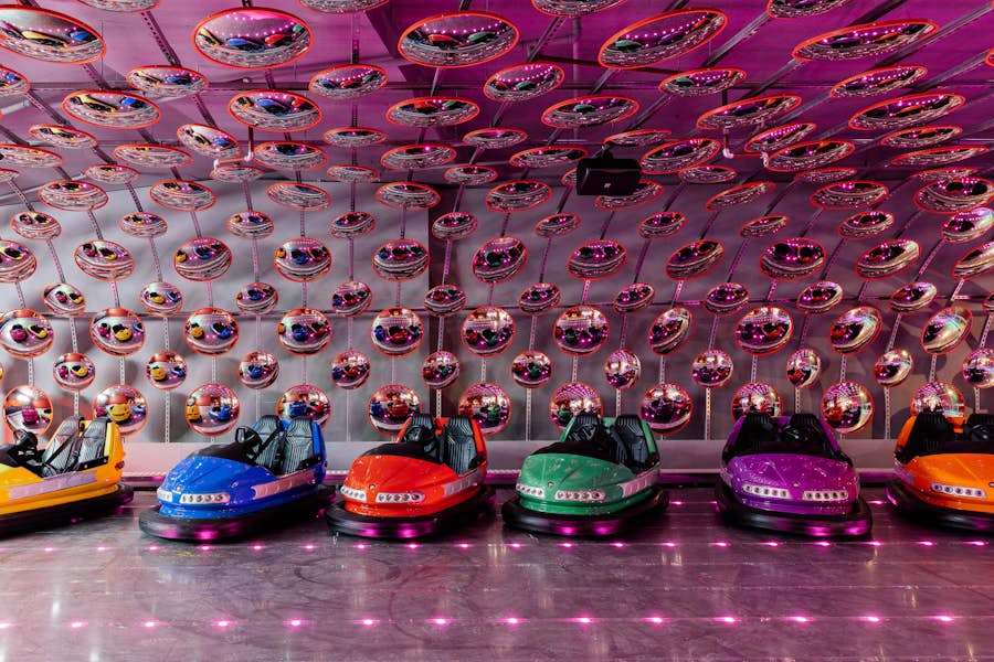 Bumper cars lined up on the arena