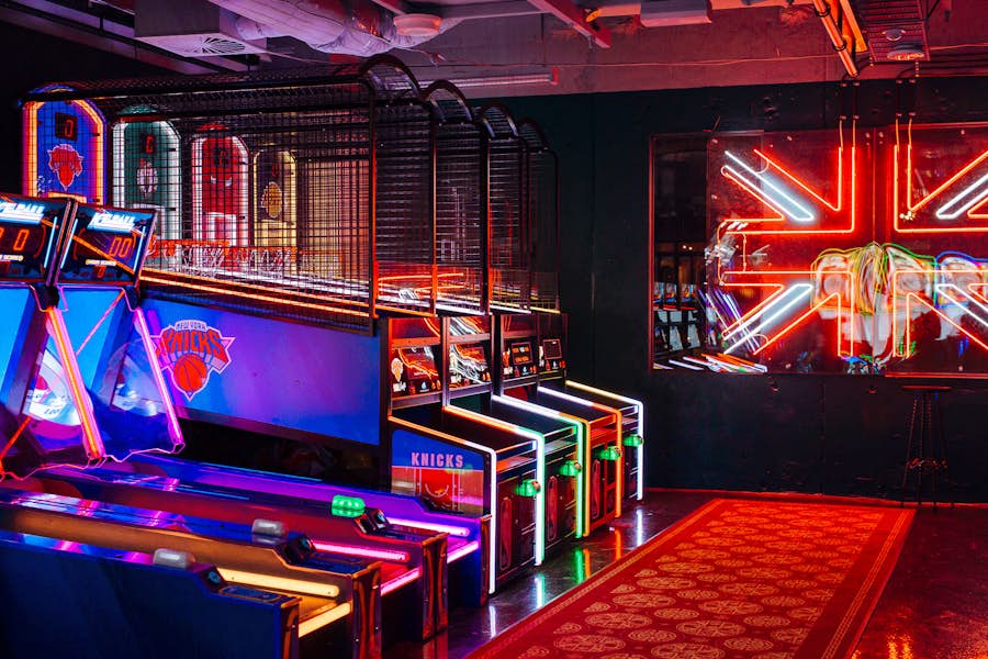 Arcades and neon signs at B. Lucky & sons