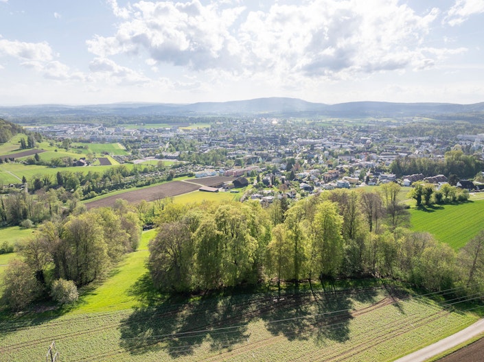 Luftaufnahme einer schweizer Gemeinde, mit Weitblick auf umliegende Wälder und Hügel.