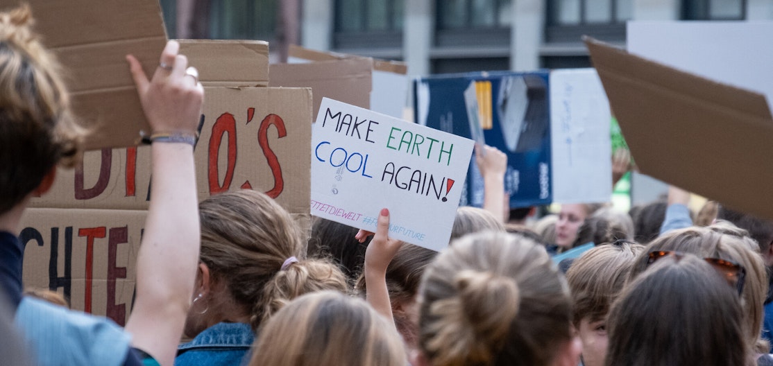 Klimastreik Junge Menschen mit Protestschildern an einer Demonstration, im Fokus ein Schild mit der Aufschrift «Make earth cool again!»