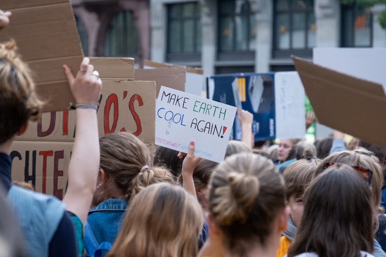 Junge Menschen mit Protestschildern an einer Demonstration, im Fokus ein Schild mit der Aufschrift «Make earth cool again!»