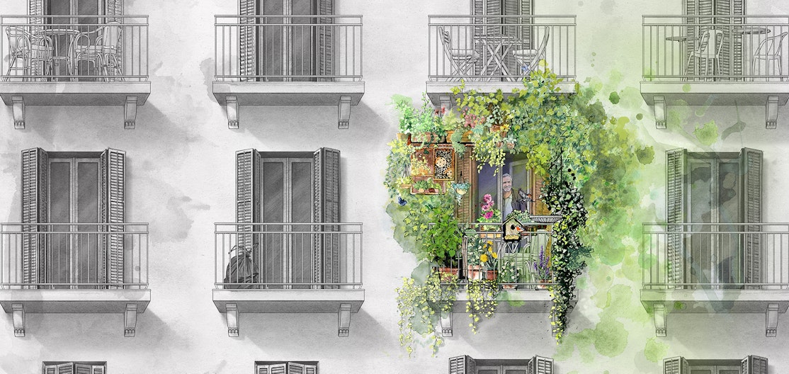 Belebter Balkon Eine illustrierte graue Hausfassade mit einem bunten, üppig begrünten Balkon. Ein Mann schaut glücklich aus der Balkontüre.