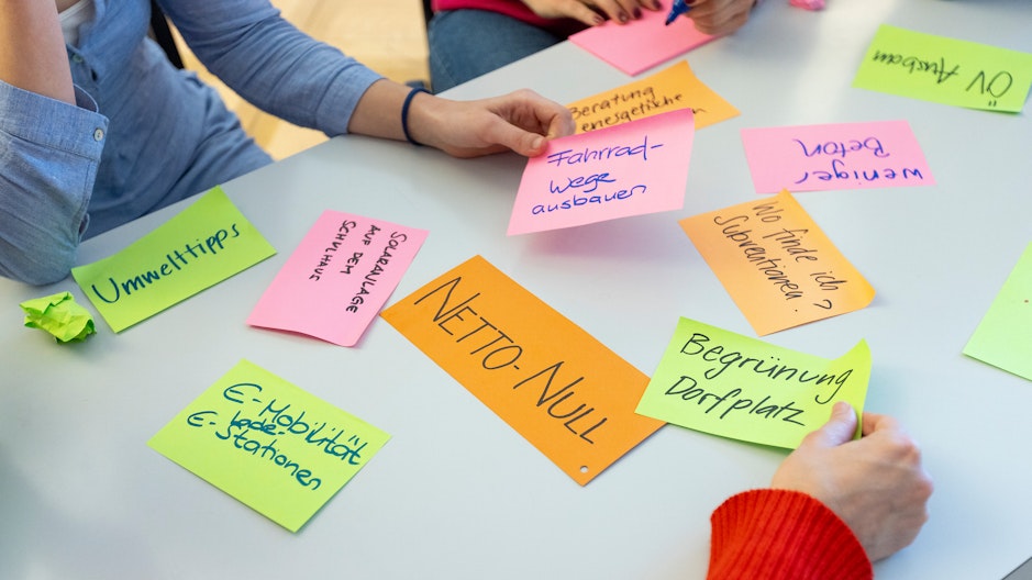 Personen sitzen um einen Tisch. Darauf liegen farbige, beschriftete Zettel zum Thema Netto Null, von denen einige zerknüllt sind.