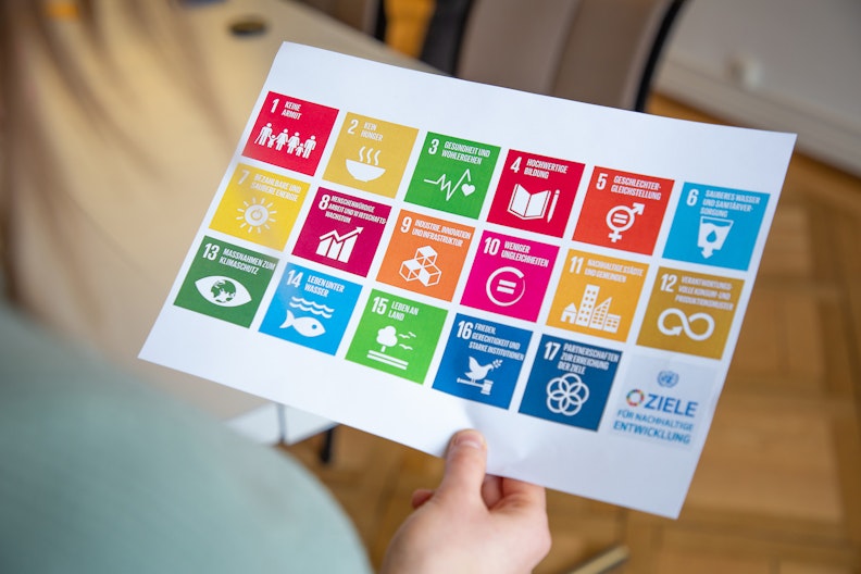 Eine Person hält ein Blatt auf dem die 17 SDG Ziele abgebildet sind.