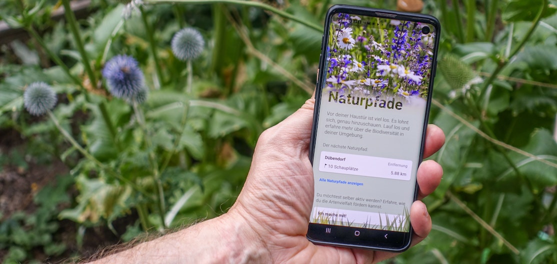 Naturpade-App im Einsatz Eine Hand hält ein Smartphone hoch, auf dem die Naturpfade-App geöffnet ist