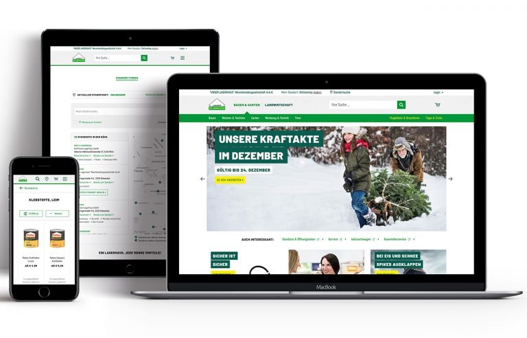Ein Mockup eines Laptops, Tablets und Mobiltelefons, das das neue responsive Design von Lagerhaus zeigt