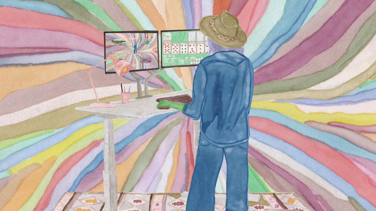 Een schilderij van een persoon die aan een staand bureau werkt, kijkend naar twee schermen, een met het droste effect van zichzelf en de ander met patience, omringd door veel kleuren.