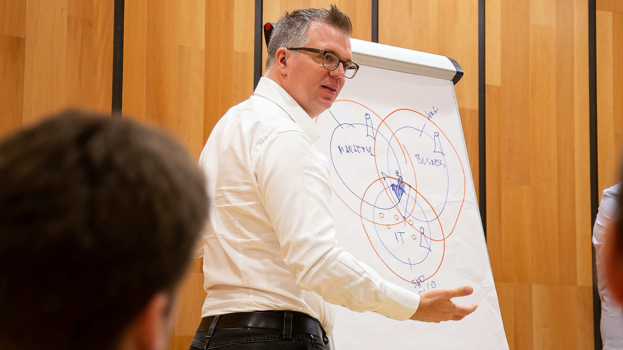 Jonathan Möller präsentiert vor einer Gruppe von Personen anhand eines Flipcharts