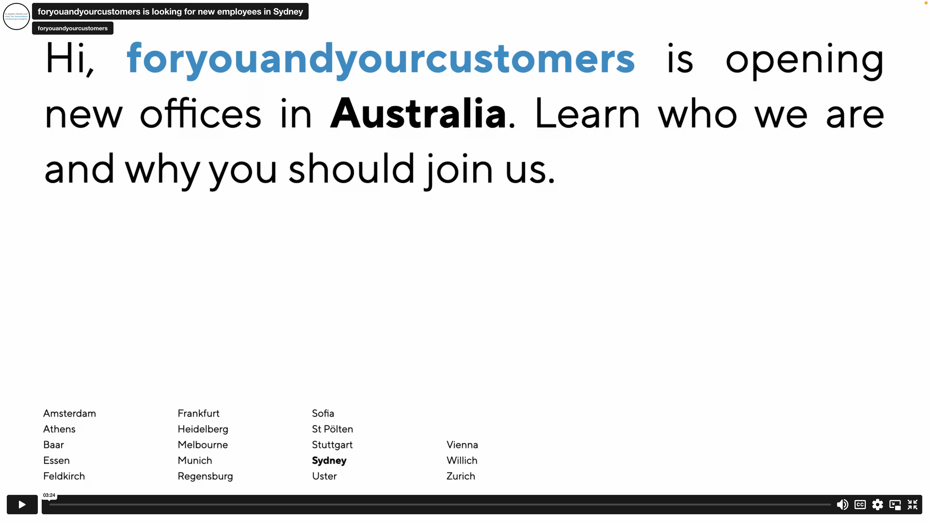 Screenshot with text: "Hi, foryouandyourcustomers is opening offices in Australia. Learn who we are and why you should join us."