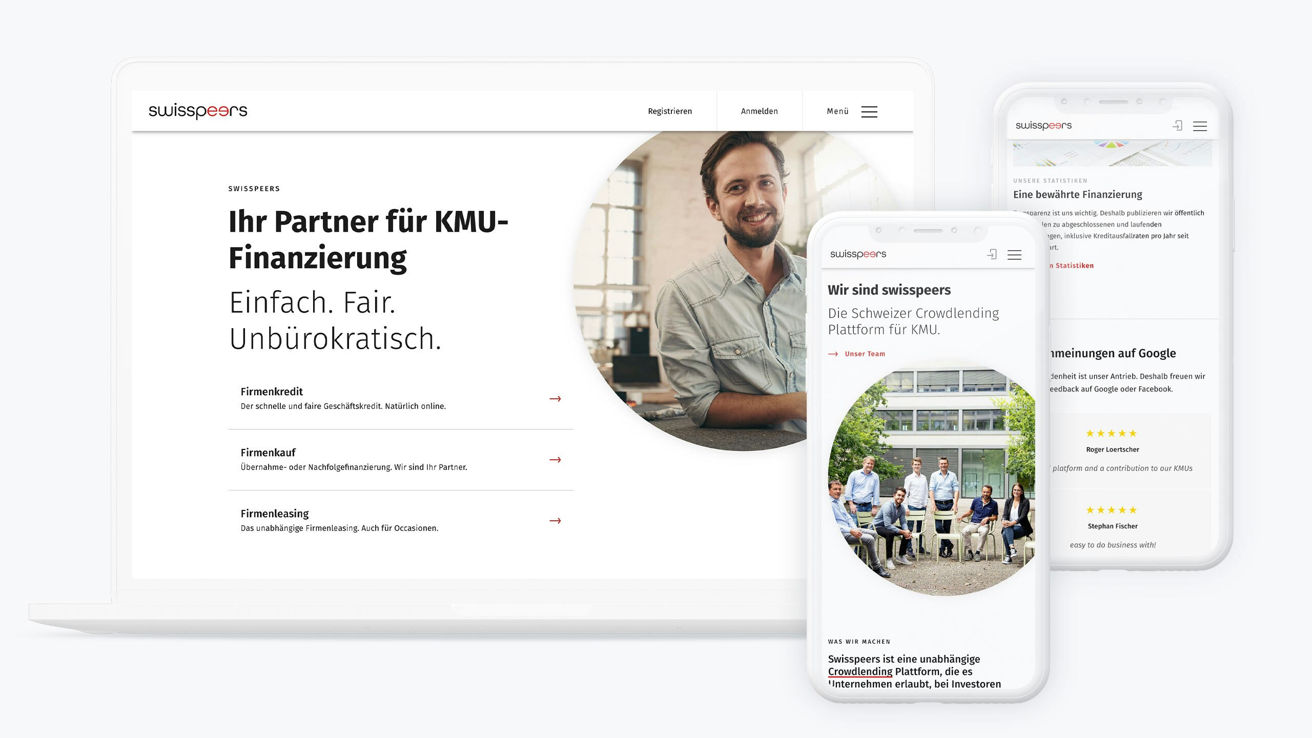 Ein Mockup zeigt die neue Swisspeers-Website auf verschiedenen Datenträgern, wie Laptop oder Smartphone.