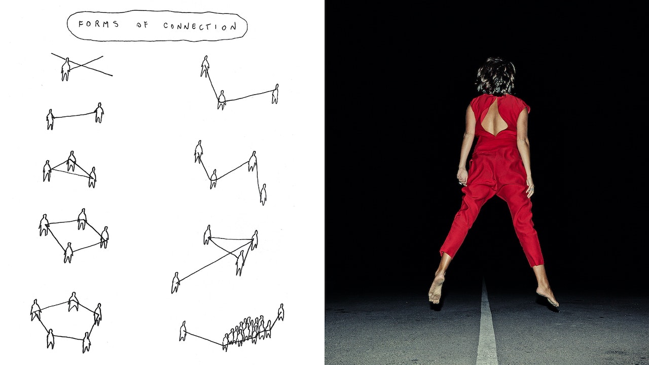 Ein in zwei Teile geteiltes Bild. Links eine einfache Skizze, rechts ein Foto einer springenden, rot gekleideten Frau.