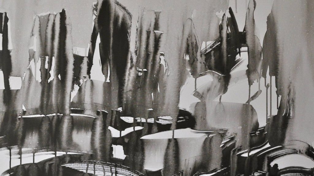 irregular, slightly blurred shapes, in shades of grey,  forming together an artpiece.