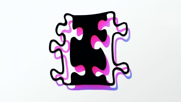 Puzzle piece like shaped art  piece - with black and pink lines.