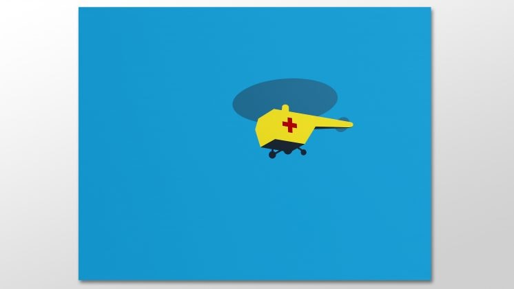 A painting of a yellow helicopter with a small red cross on its side, against light blue solid background.