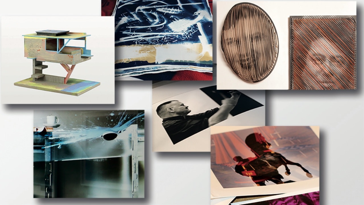 Een collage van verschillende kunst (foto’s) op klein canvas