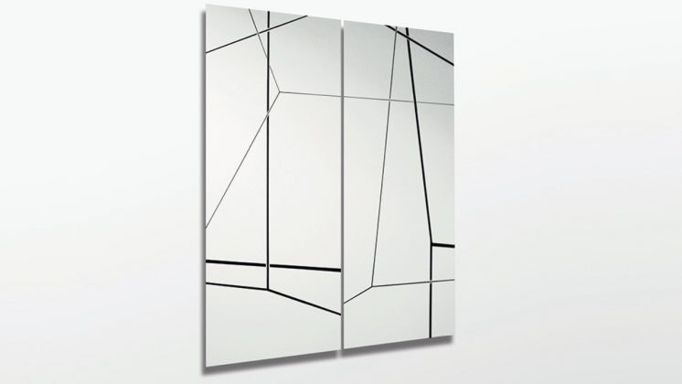 Photo of a white painting with clean geometrically placed straight black and grey lines.