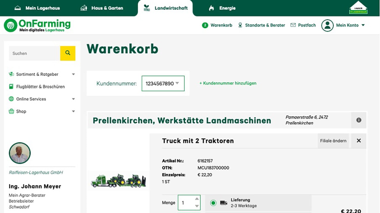 Der Warenkorb der Website ist zu sehen und wie problemlos Artikel aus verschiedenen Standorten bestellt werden können.