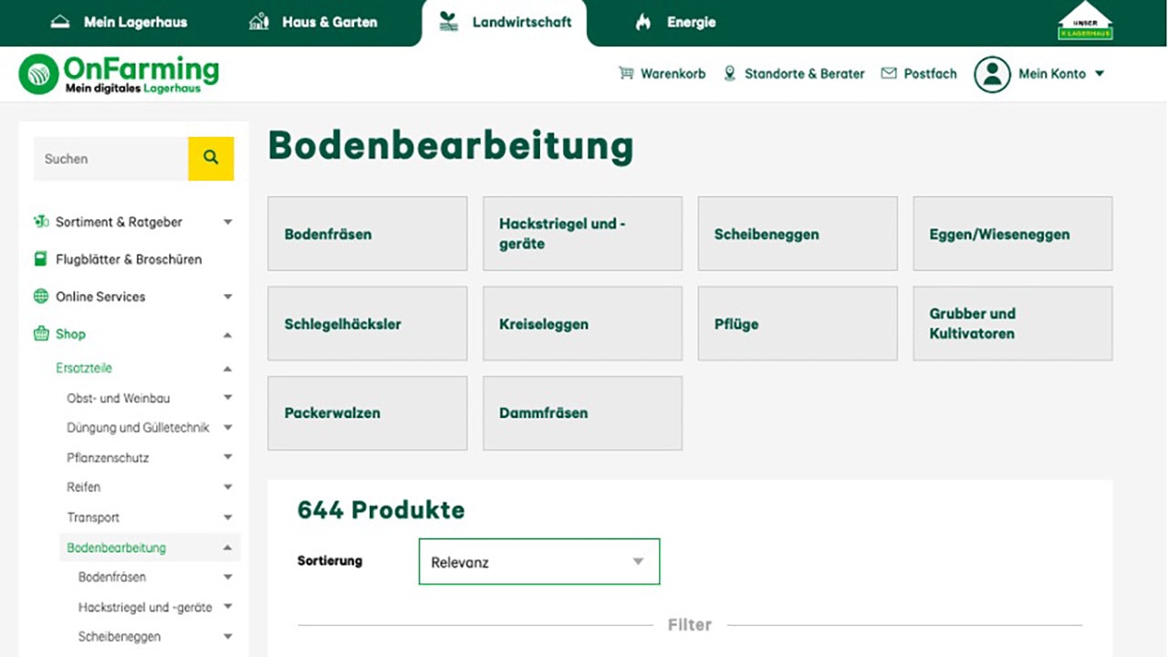 Die OnFarming Website ist zu sehen und es wird gezeigt, wie der Suchfilter genutzt werden kann.