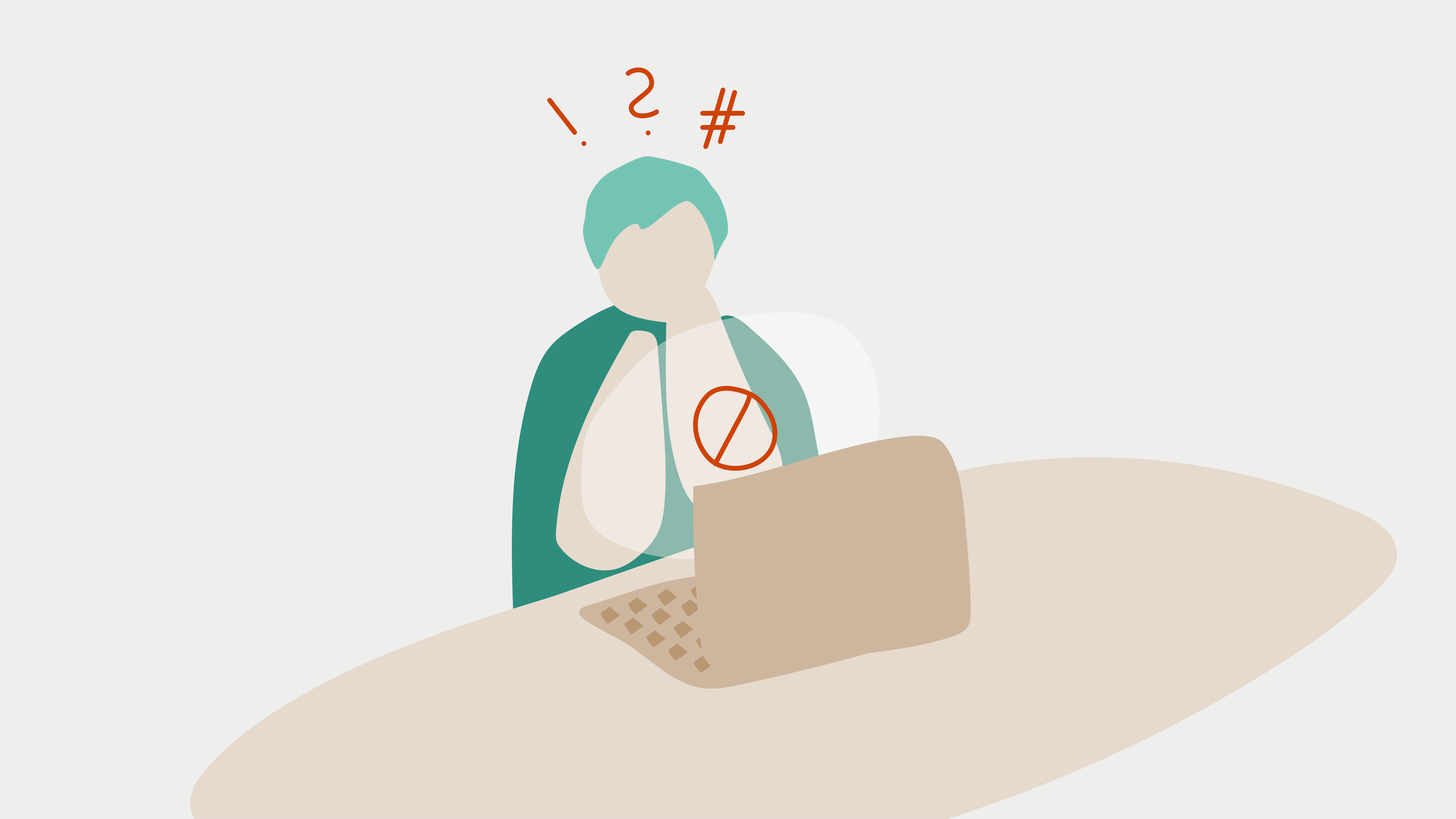 Illustration of a person behind a laptop, being unable to use it.
