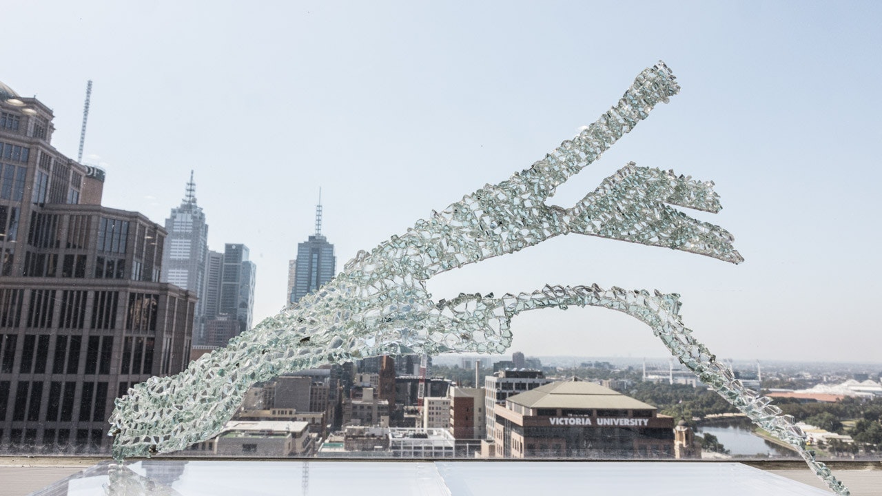 The artwork referring to waterways of the Yarra River which you can see in the background as well as the city skyline of Melbourne.