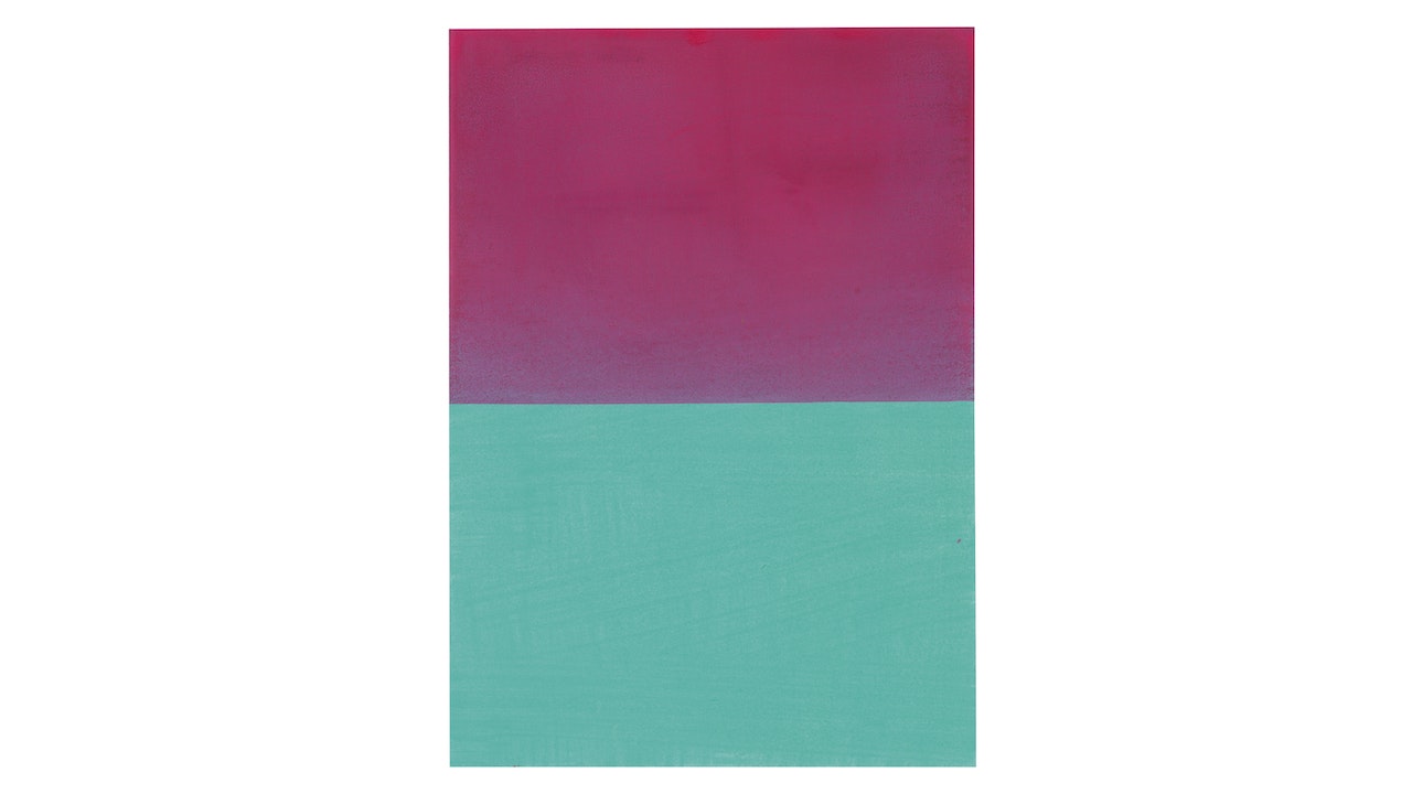Twee kleurvlakken in een rechthoek, in de kleuren turquoise en donker violet.