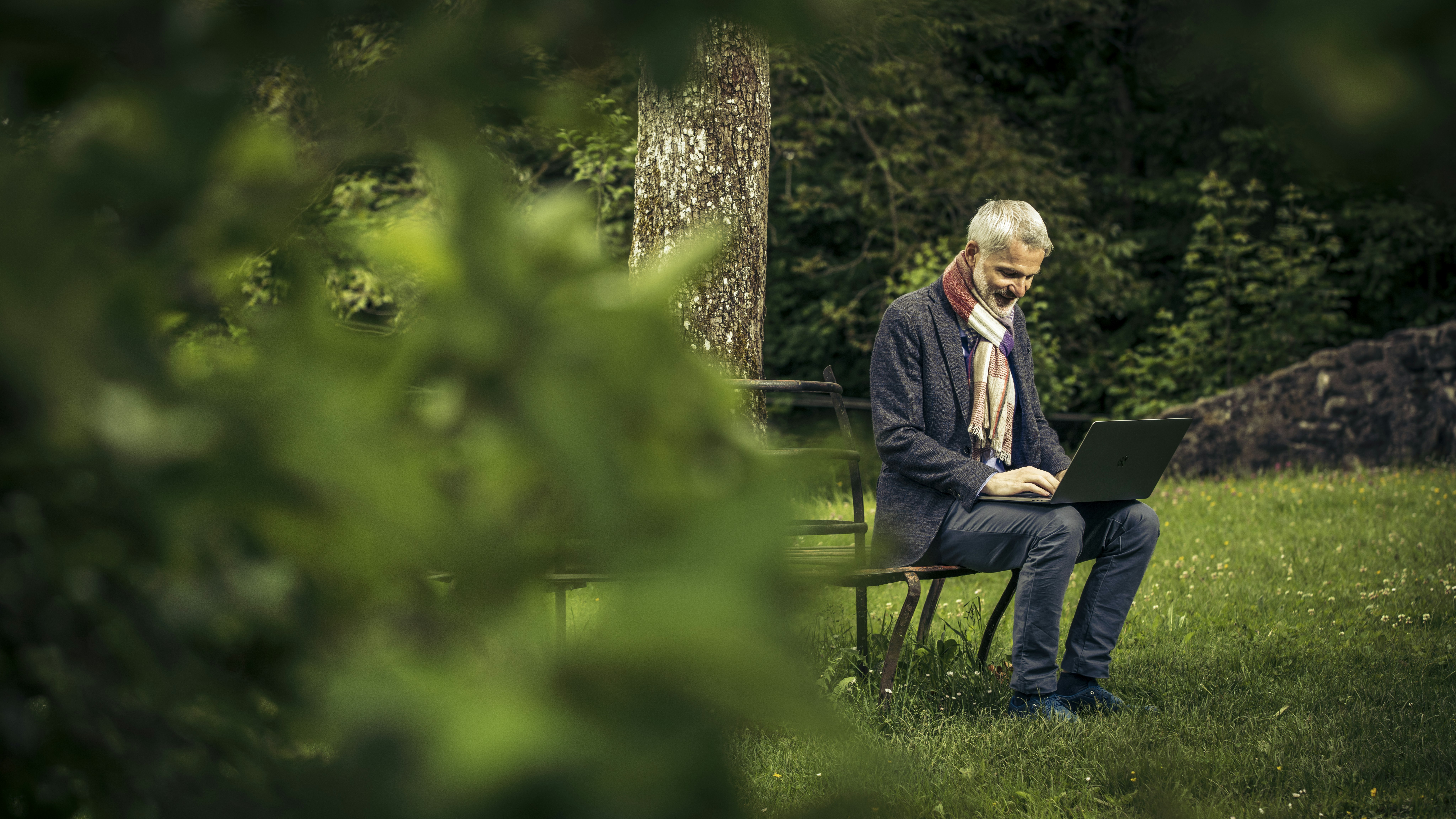 Mann sitzend am Laptop auf einer Bank in der Natur