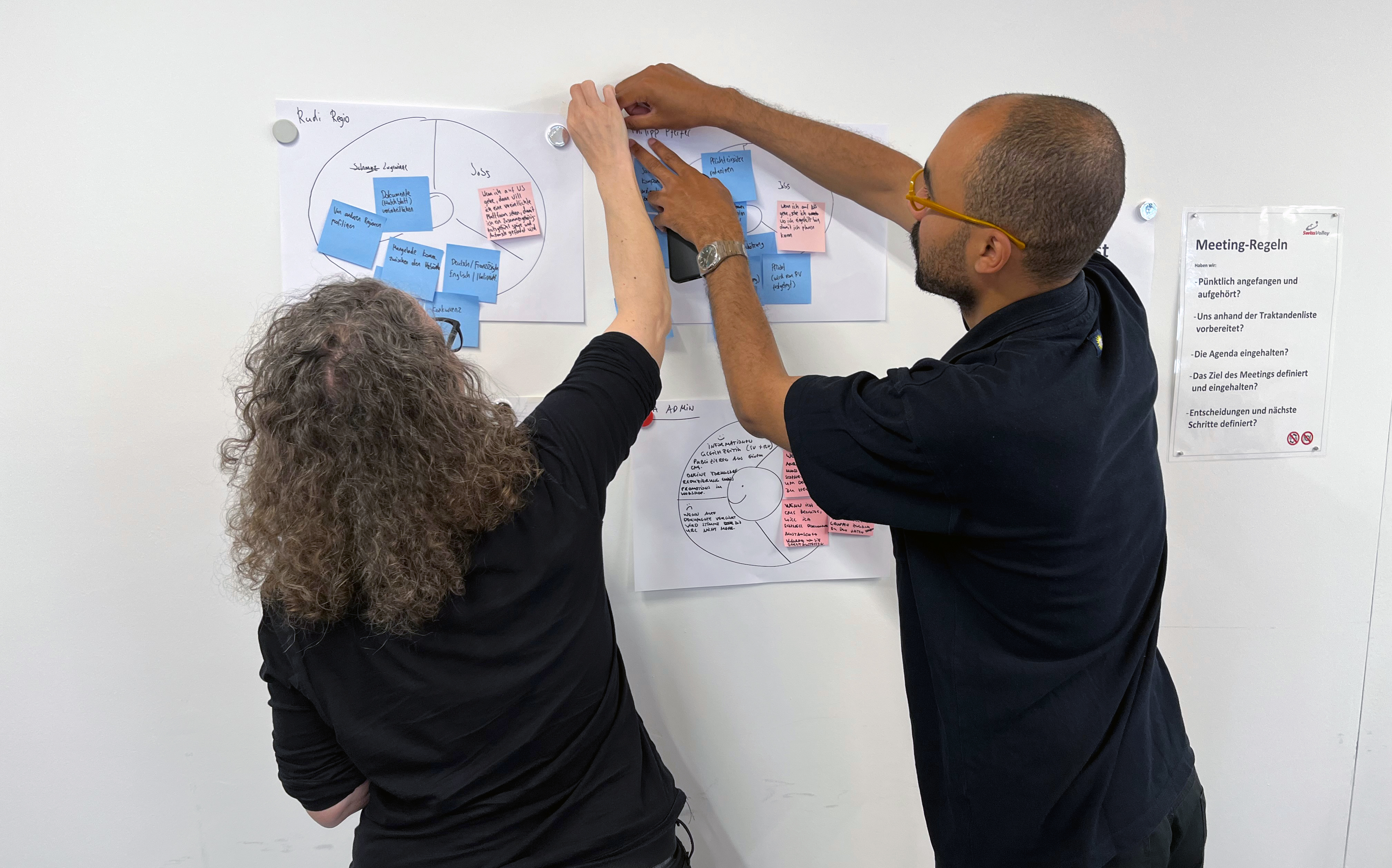 David and Ursula examining sticky notes on a whiteboard during a session where user profiles were created.