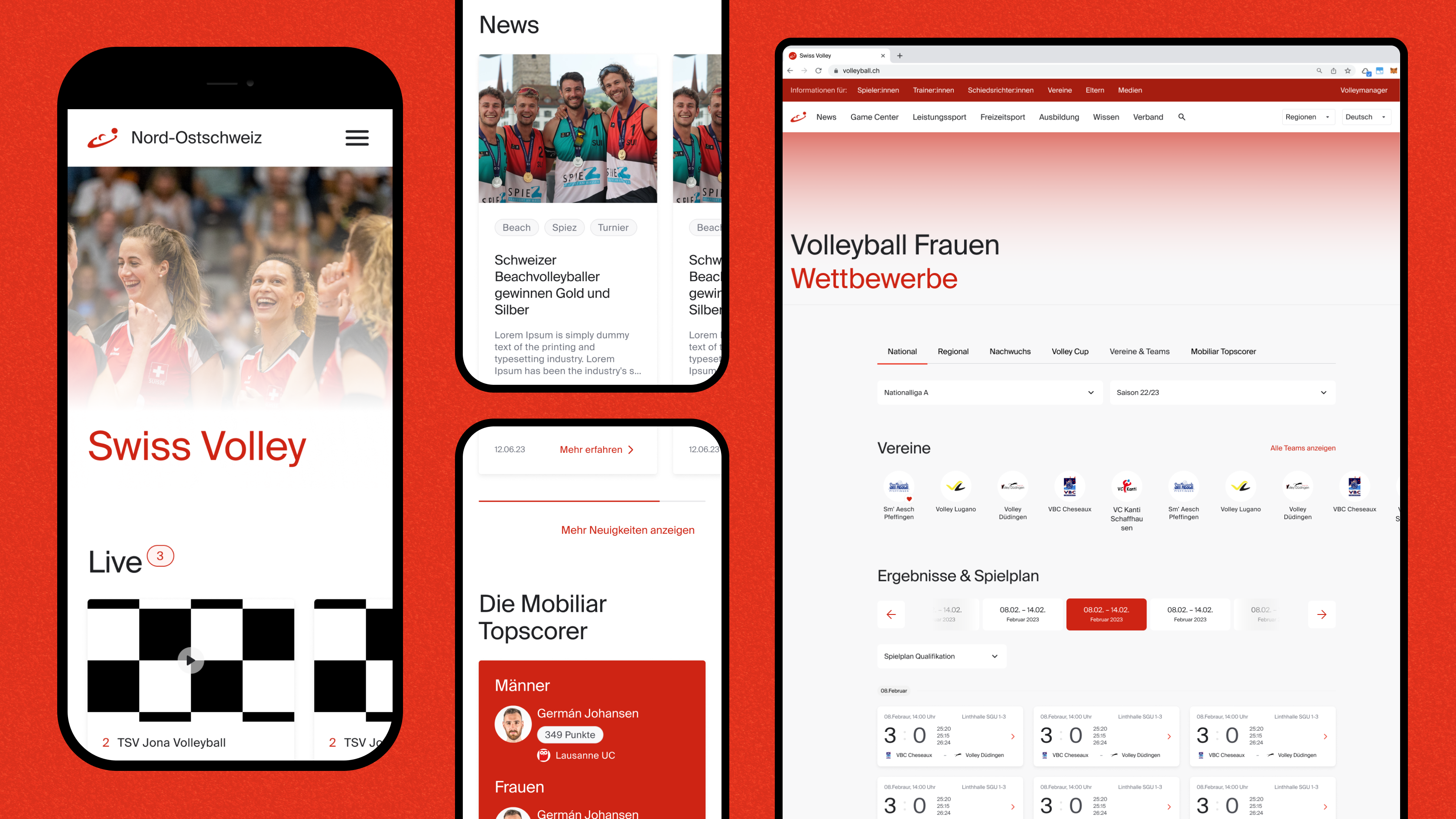 Screendesigns der neuen Swiss Volley Webseite