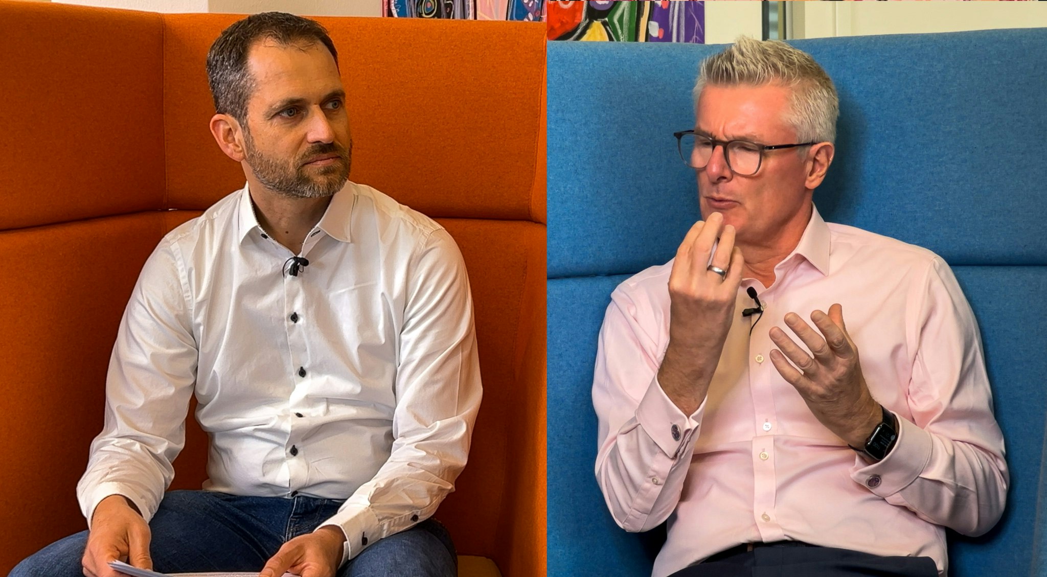 Two men in colourful chairs