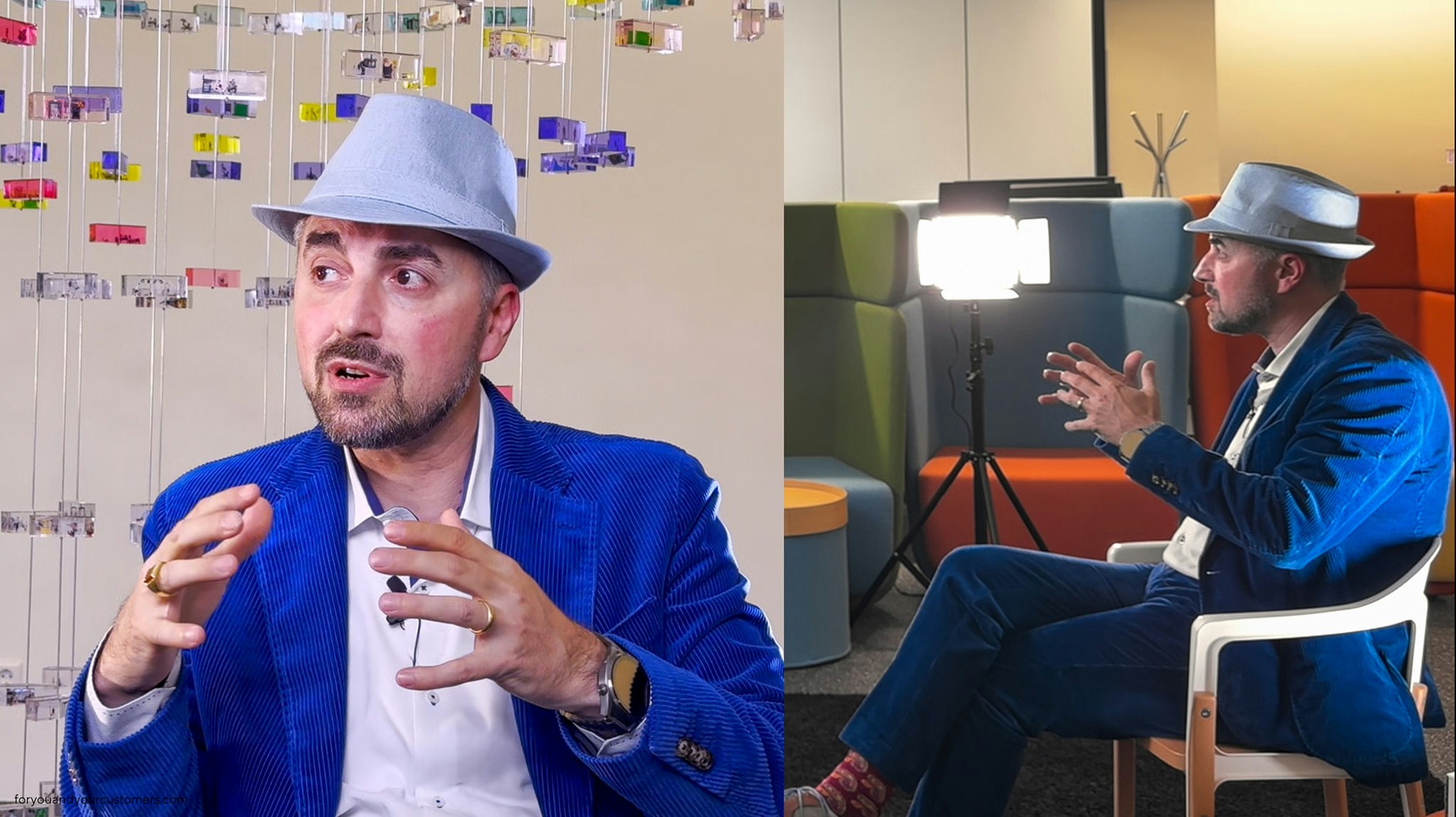 Splitscreen zeigt Marcel Rossi beim Interview aus zwei Perspektiven auf einem Stuhl sitzend