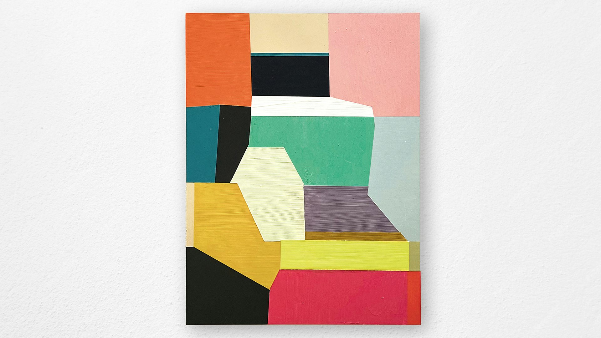 Malerei an einer Wand, klare Formen in verschiedenen leuchtenden Farben.