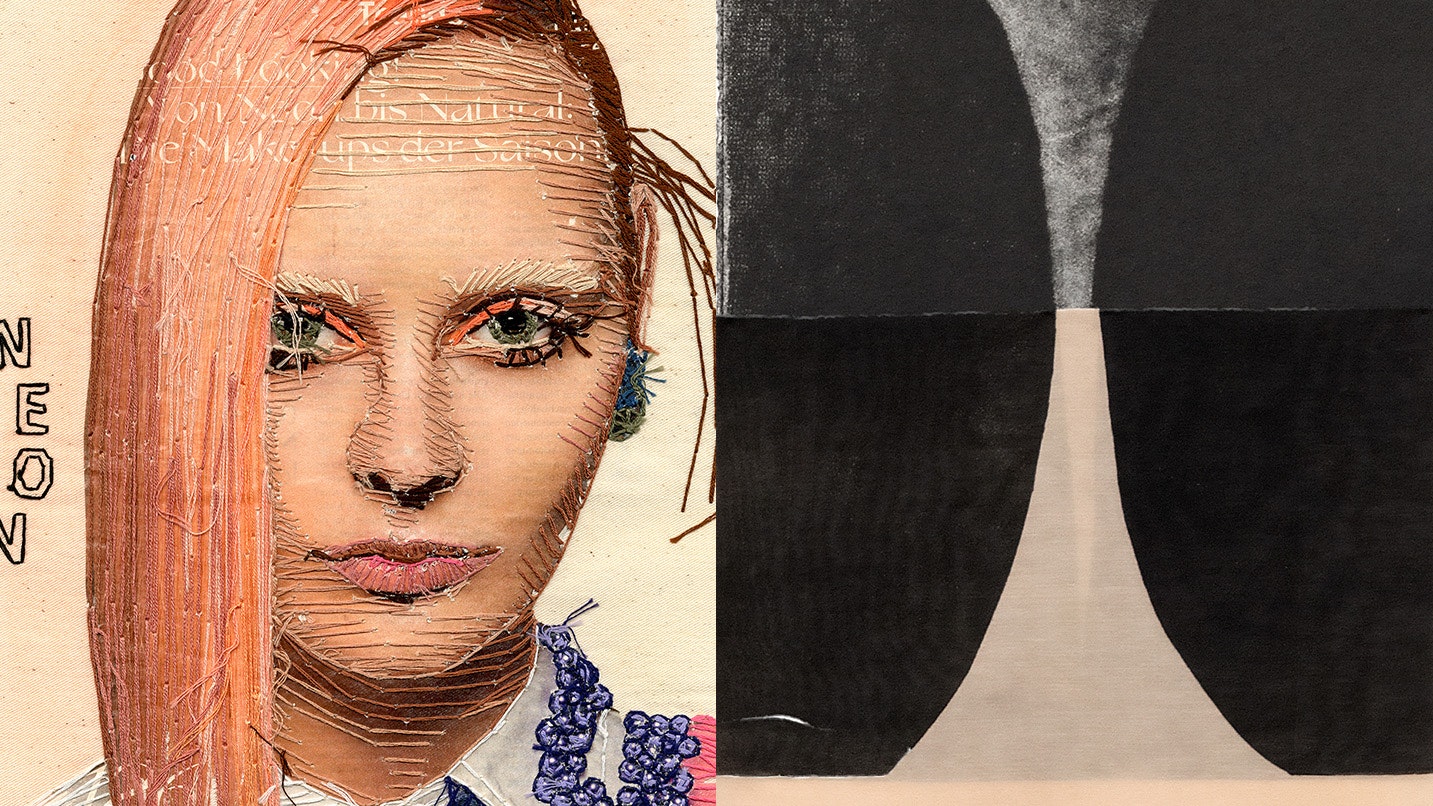 artwork with female face and abstract textile work