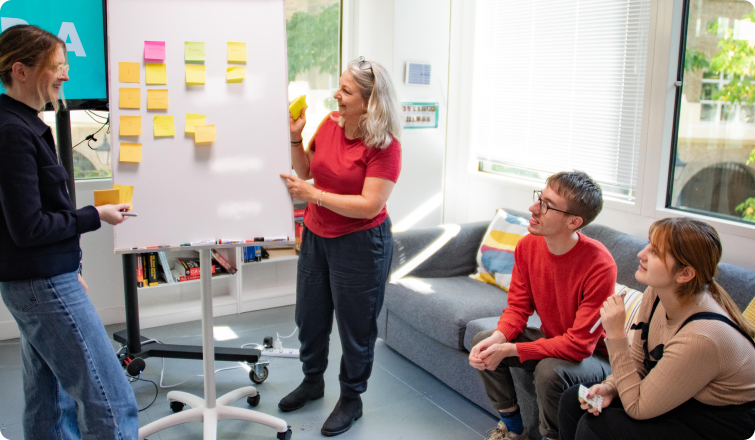 A group of people looking at a white board with post-it notes on