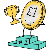 A drawing of a £1 coin on a podium holding a 1st trophy