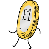 A drawing of a pound coin walking with a smile on its face