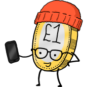 A drawing of a pound coin with a red hat on holding a phone