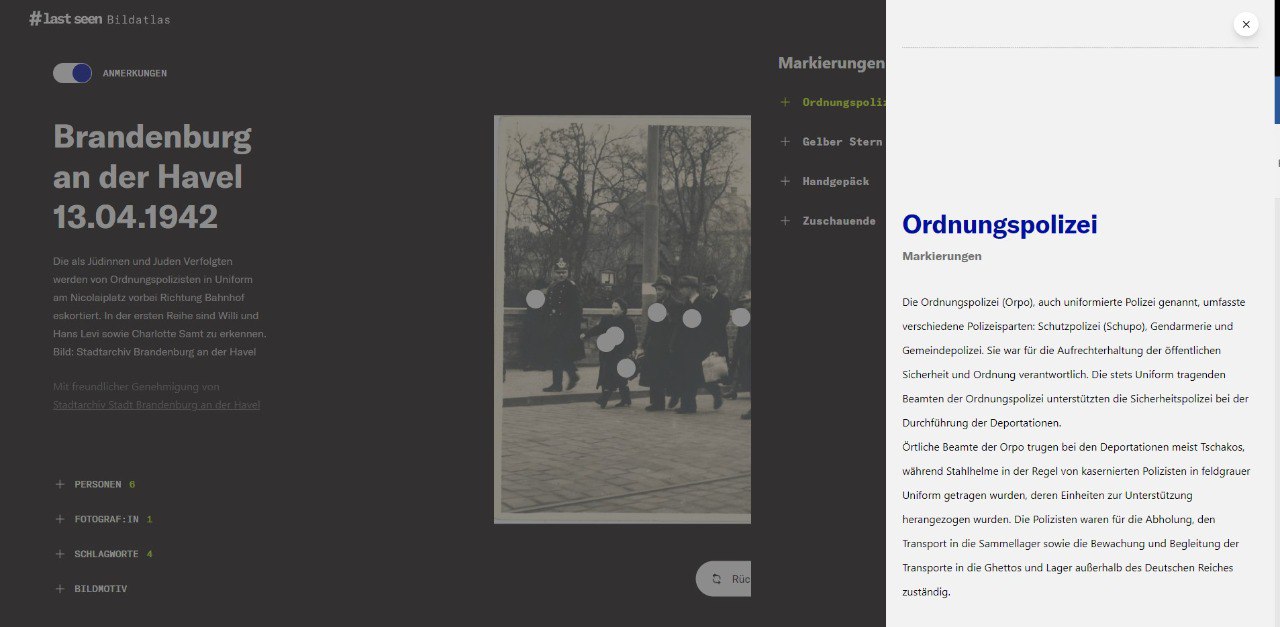 Ein Screenshot des Bildatlas. Die Anmerkung zur Ordnungspolizeit auf einem Foto aus Brandenburg an der Havel vom 13.04.1942 ist geöffnet.