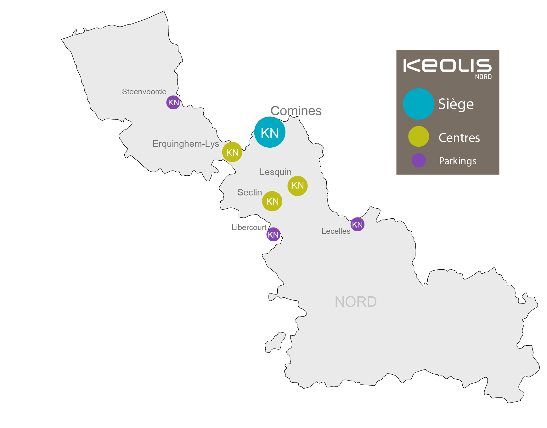 Carte des différentes implantations de Keolis Nord dans le département