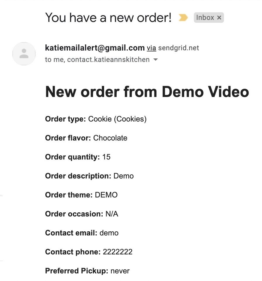 Order Received Email Screenshot