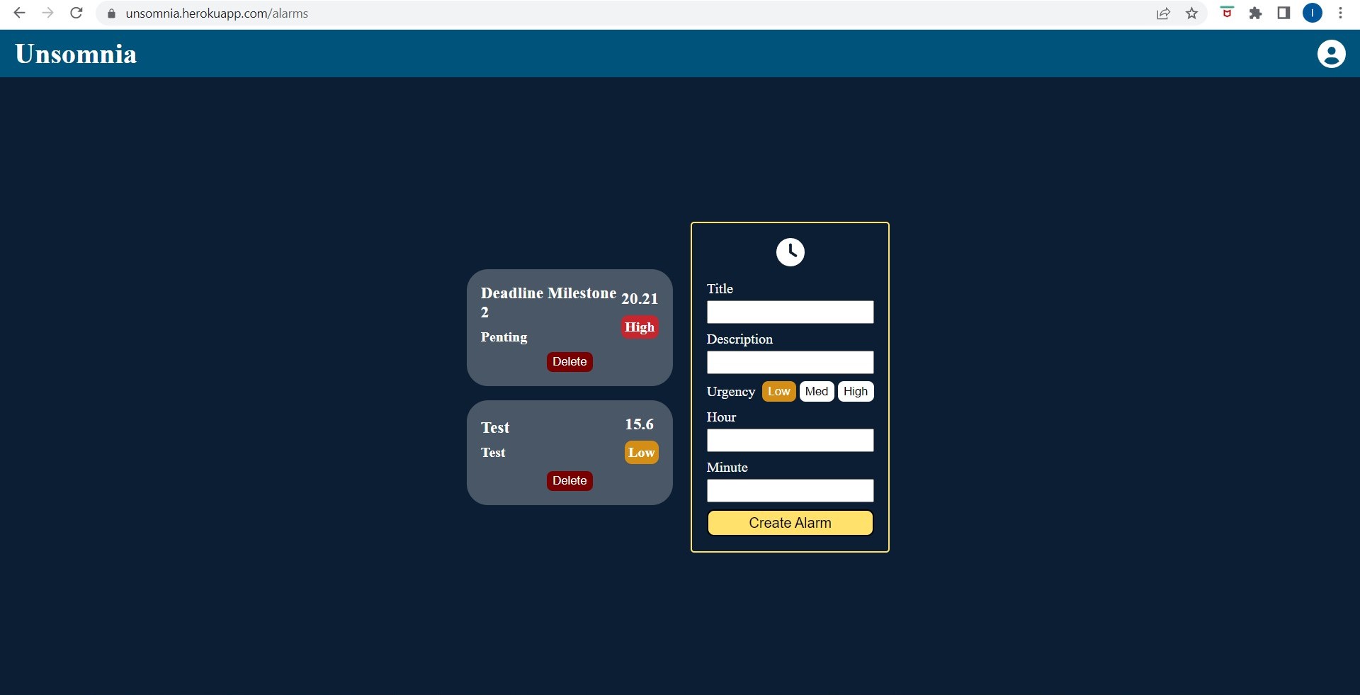 Unsomnia - List of Alarms