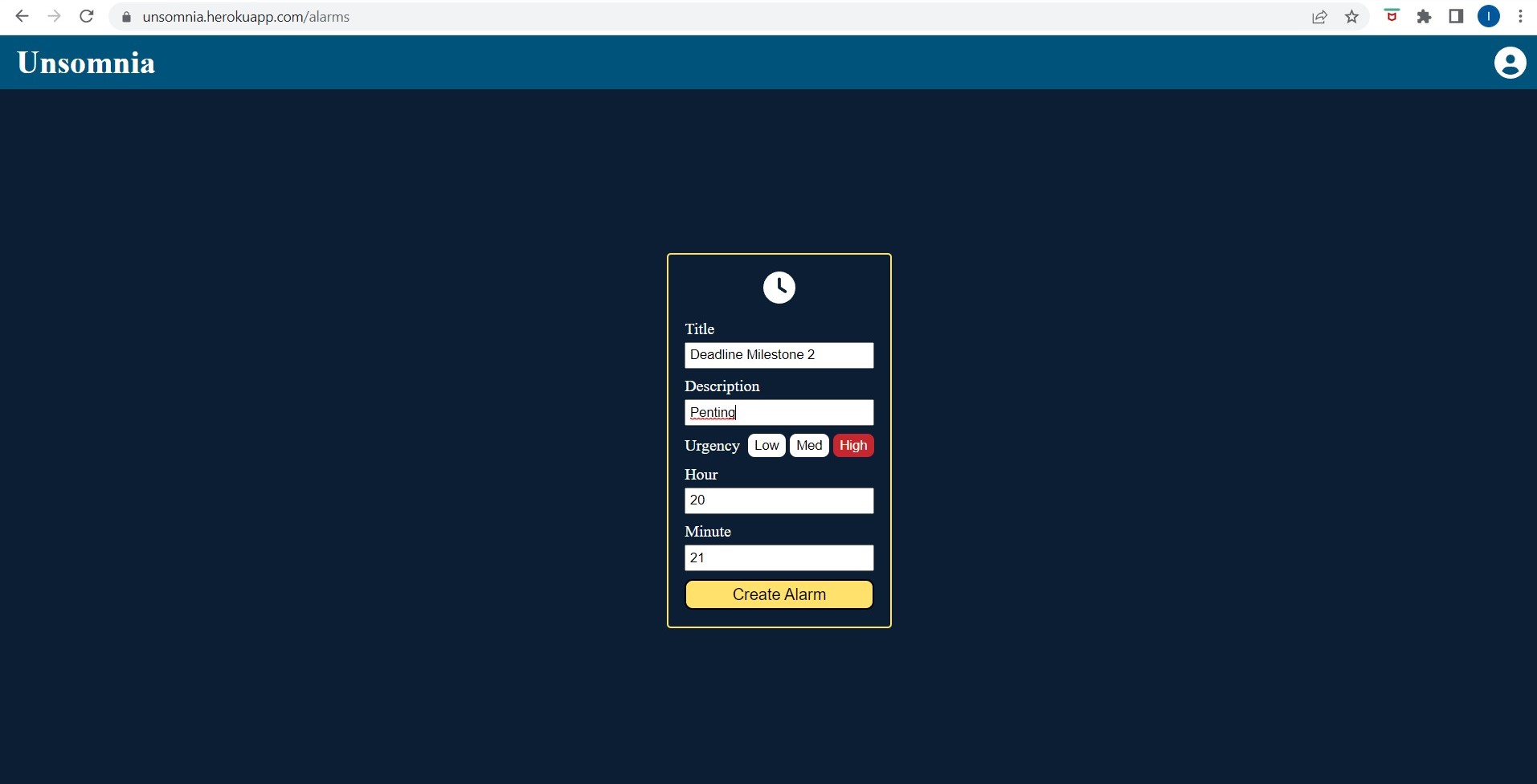 Unsomnia - List of Alarm (No Alarms Have Been Created)