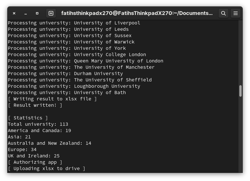 The script running and showing how many universities have been fetched