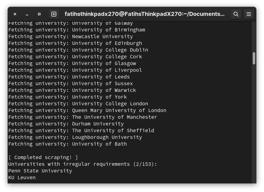 The script is running,  showing each university being fetched and the universities with irregular pages.