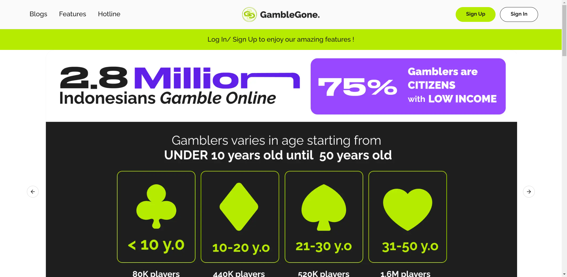 The homepage of Gamble Gone containing the statistics on Indonesian online gambling.