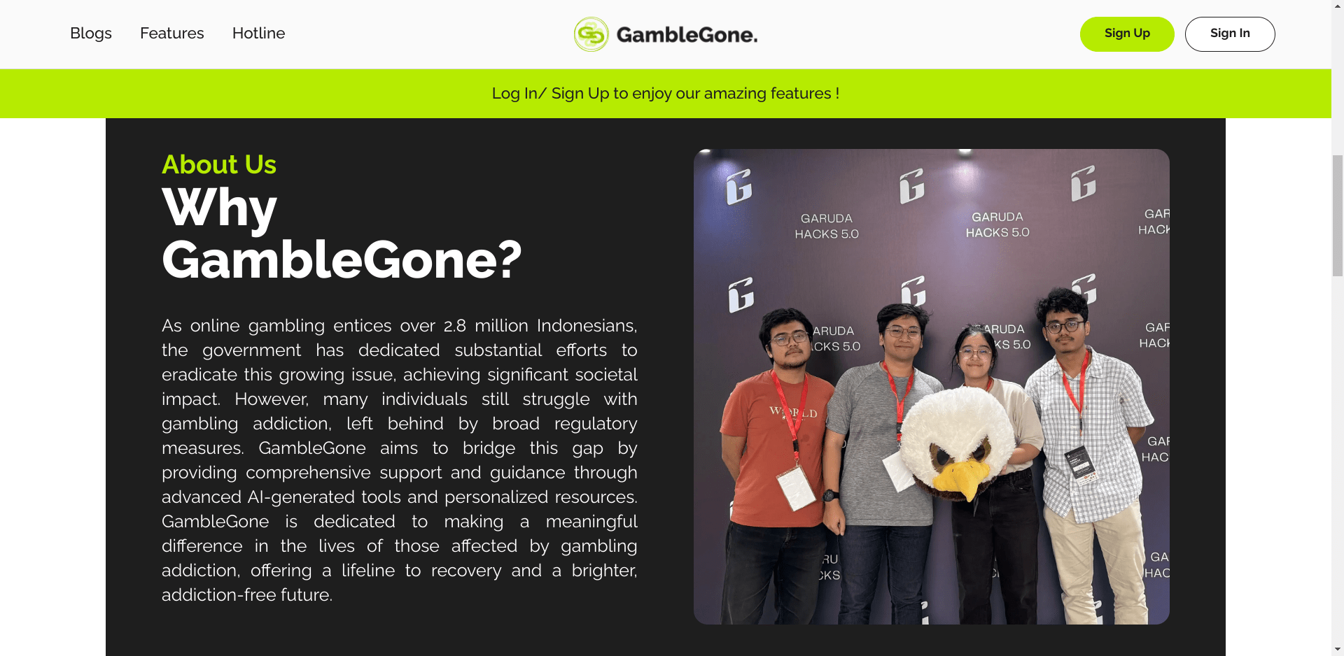 A part of the GambleGone homepage that explains the rationale behind GambleGone