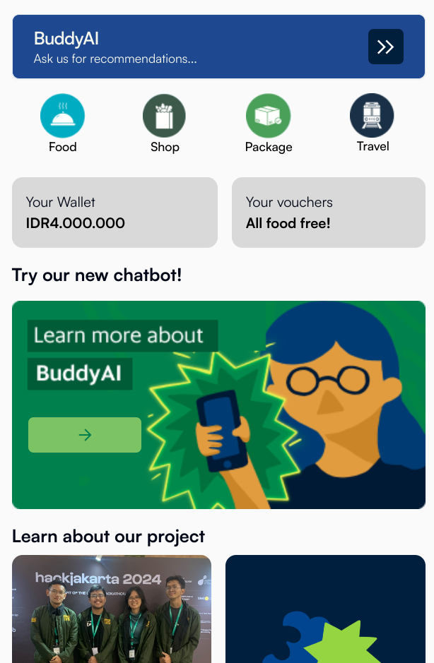 A mock page of Grab's home screen for its application