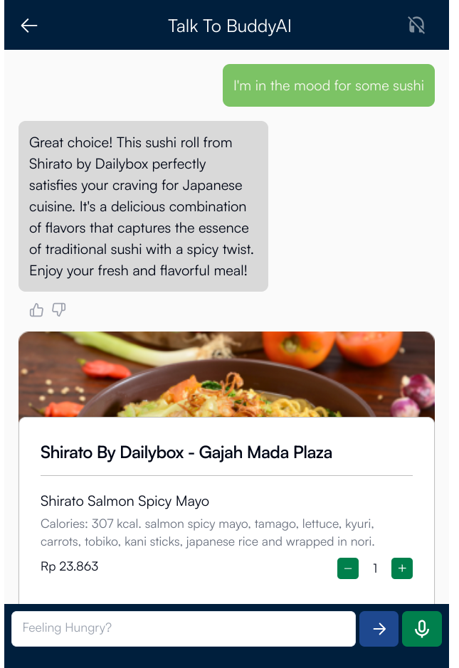 A chat page where the user is having a conversation with our chatbot, the user was asking for sushi and the bot gave out a recommendation for sushi