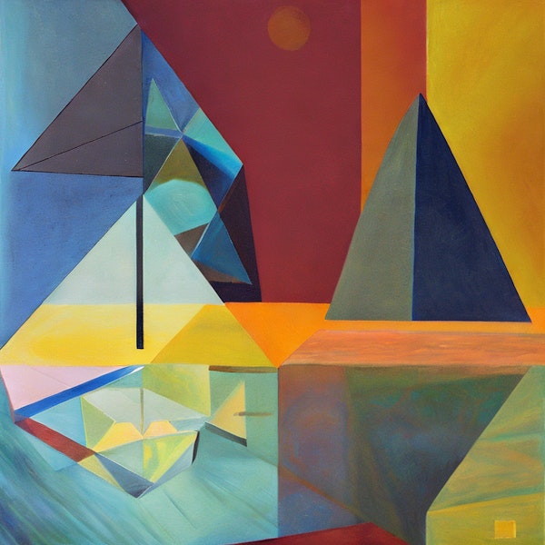 AI art - 'An abstract landscape of a geometric figure, a mirror reflection and marble floor'