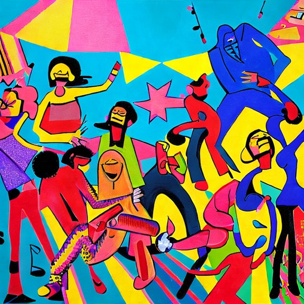 AI art - 'A vibrant, exciting scene of music, fun and comic, in pop art style'